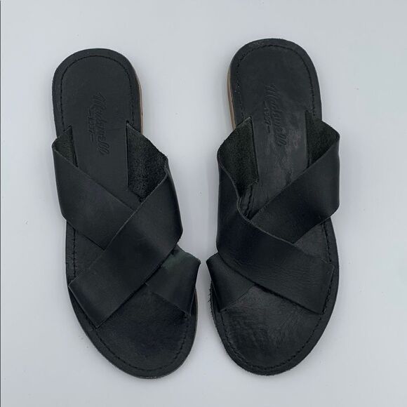 Madewell Black Leather Women's slip on cross over Sandals size 10 - Picture 3 of 10